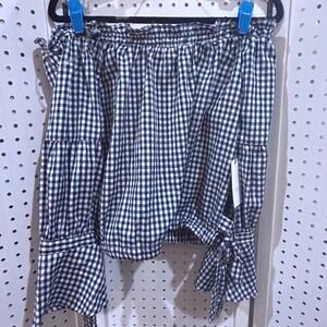 Active USA Gingham Off The Shoulder Cropped Top Tie Front Long Sleeve M